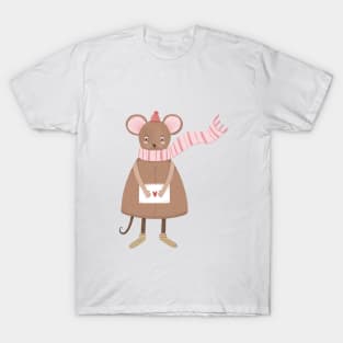 Mouse in a hat with a love letter winter cozy illustration T-Shirt